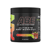 Black container of ABE All Black Everything pre-workout supplement on a gray background