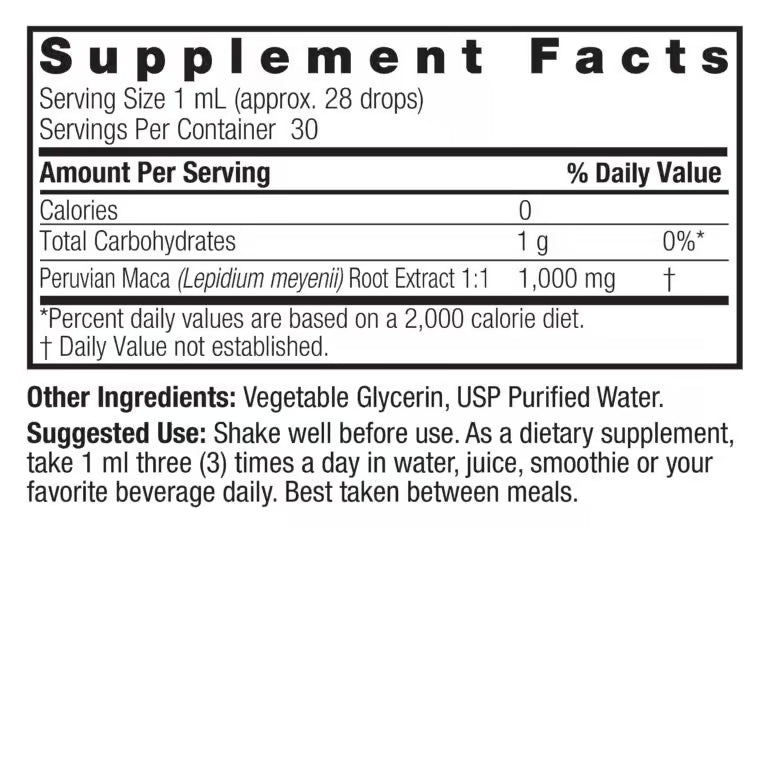 Supplement facts label for Peruvian Maca extract on a white background