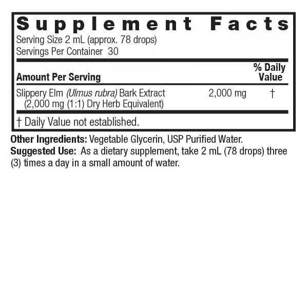 Supplement facts label for a dietary supplement with slippery elm bark extract on a white background.