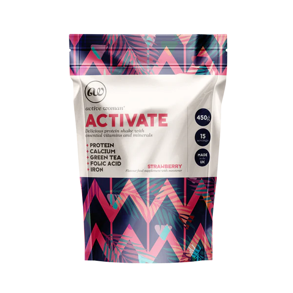 Front image: Active Woman Activate protein powder strawberry flavour pack 450g