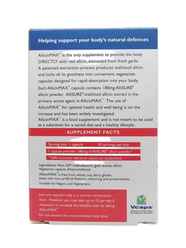Supplement facts and ingredients for AllicinMax Allisure® capsules on white background.