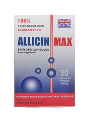 AllicinMax supplement bottle, 30 vegetarian capsules, 180mg stabilized allicin with Allisure®.