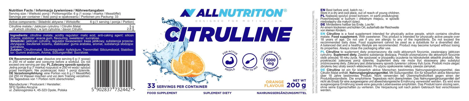 Allnutrition Citrulline Malate Orange Powder 200g barcode packaging