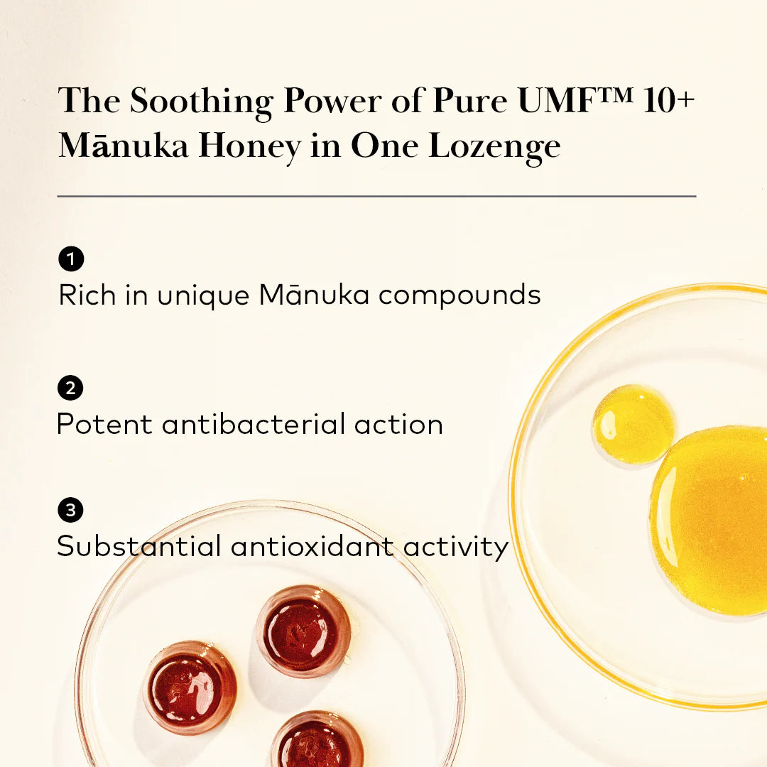 Supplement facts & ingredients image: Comvita Manuka Honey Lozenges UMF 10+ ingredients pack 6 count