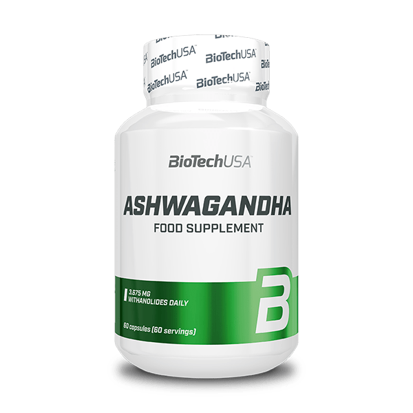BiotechUSA Ashwagandha 60 capsule bottle on a natural background.
