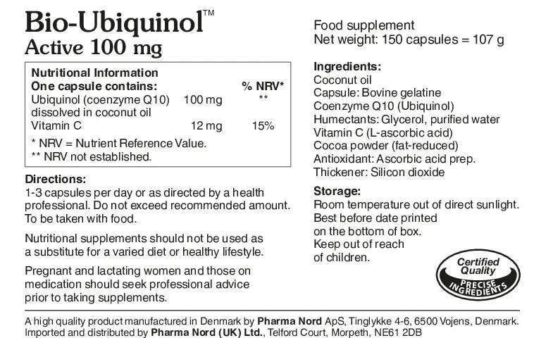 Pharma Nord Bio-Ubiquinol Active 100mg, food supplement softgel capsule box packaging, no flavour,  capsules, ingredients and nutritional information