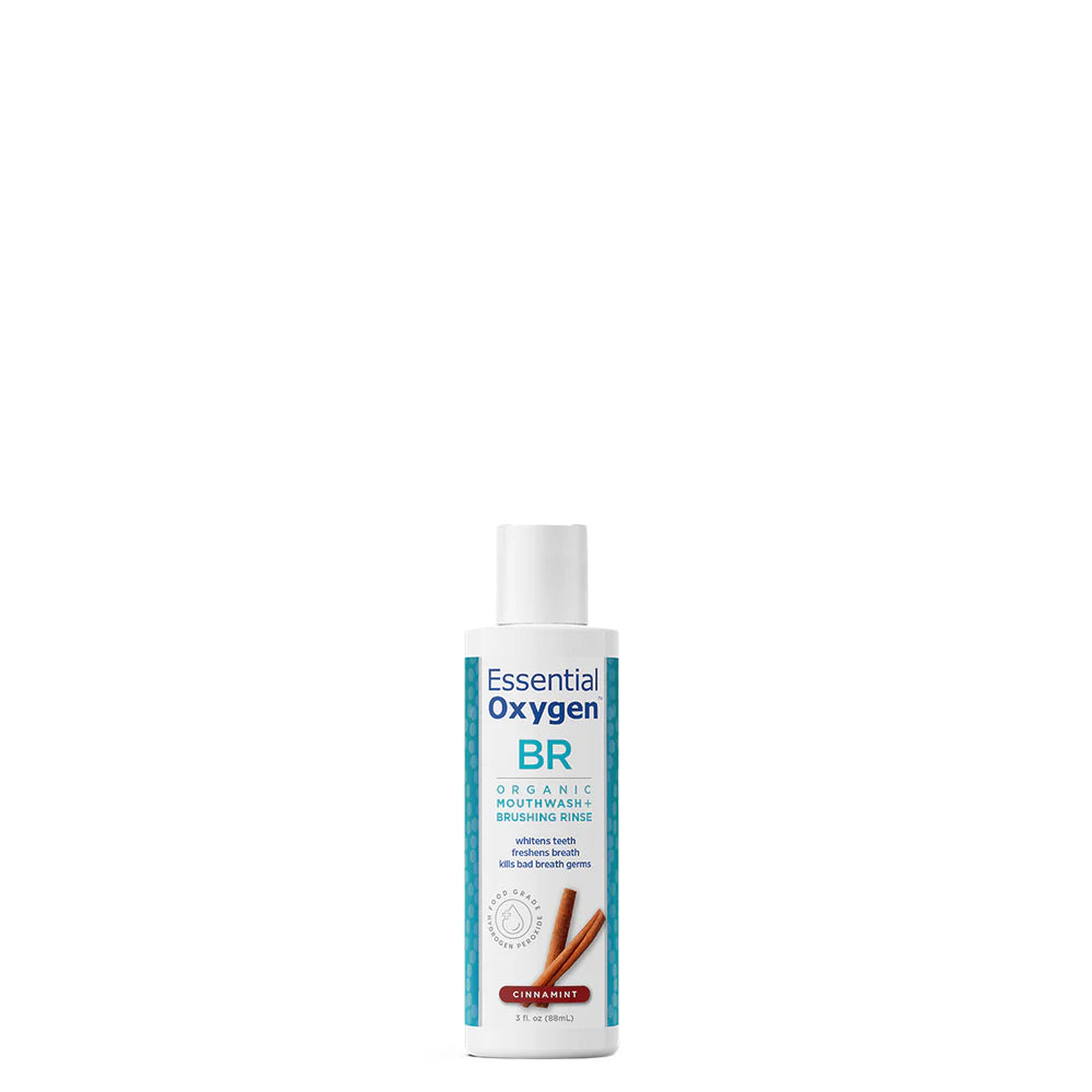 Essential Oxygen Organic Brushing Rinse bottle, 88ml Cinnamon Mint flavour.