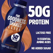 For Goodness Shakes Elite Chocolate Protein Shake 8 x 471ml packaging showing product details