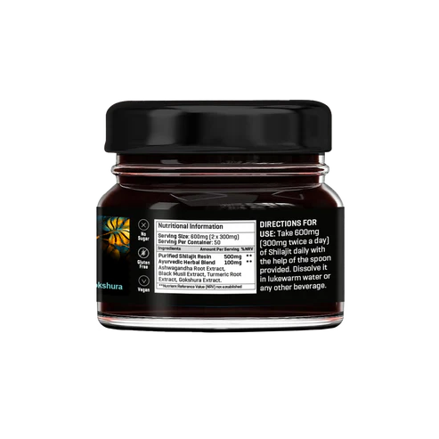 Supplement facts label for The Good Guru Shilajit Gold Resin with Ayurvedic Herbal Blend, 20g.