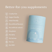 Supplement facts: Arella vegan collagen supplement ingredients label sachets 14 pack 30ml
