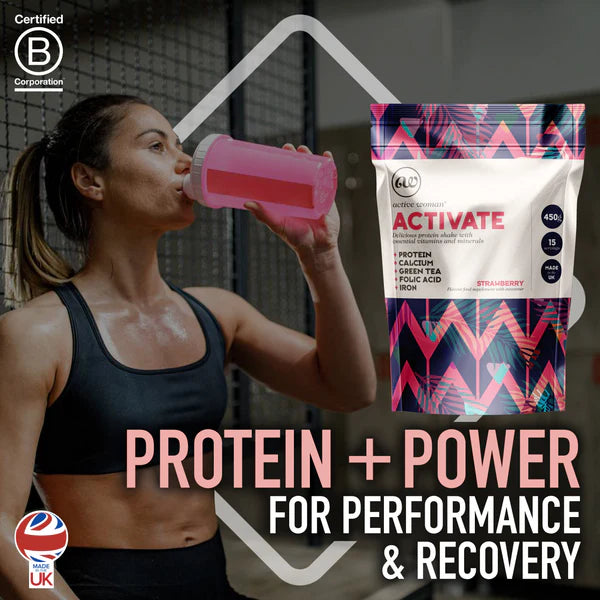 Lifestyle/use image: Active Woman strawberry protein shake gym use 450g