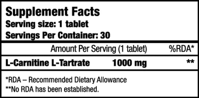 Supplement facts label showing 1000mg L-Carnitine L-Tartrate per serving.