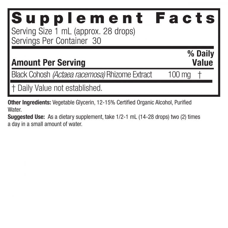 Supplement facts label for Black Cohosh extract on a white background