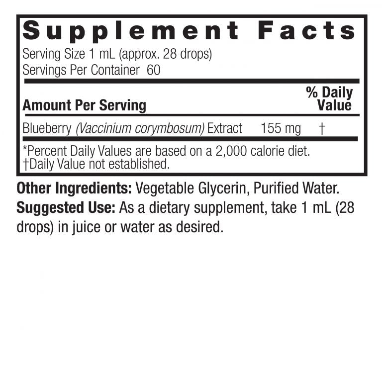 Supplement facts label for blueberry extract with serving size and container details.