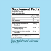 Supplement facts label on a light blue background