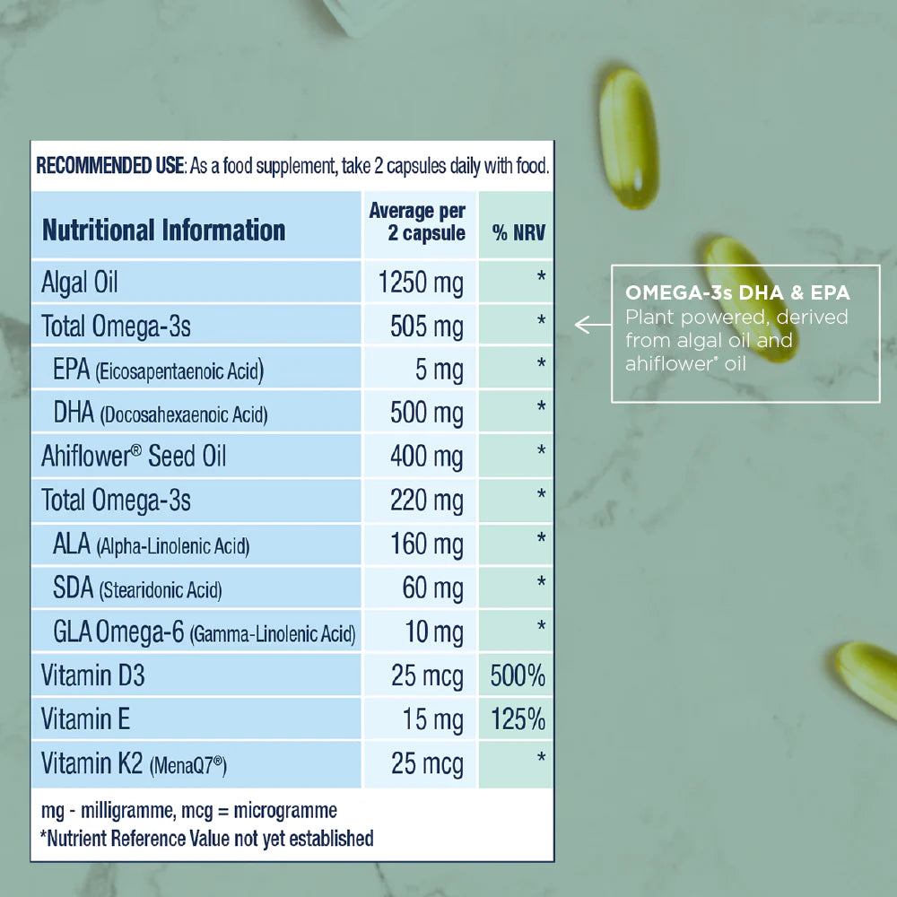 Wiley's Finest CatchFree vegan omega-3 softgels supplement facts panel 60 softgels