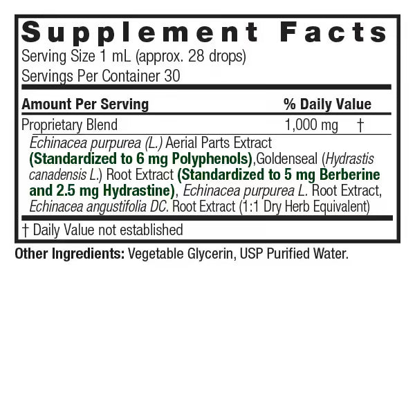 Nature’s Answer Echinacea & Goldenseal Liquid Extract 30ml supplement facts label on a white background