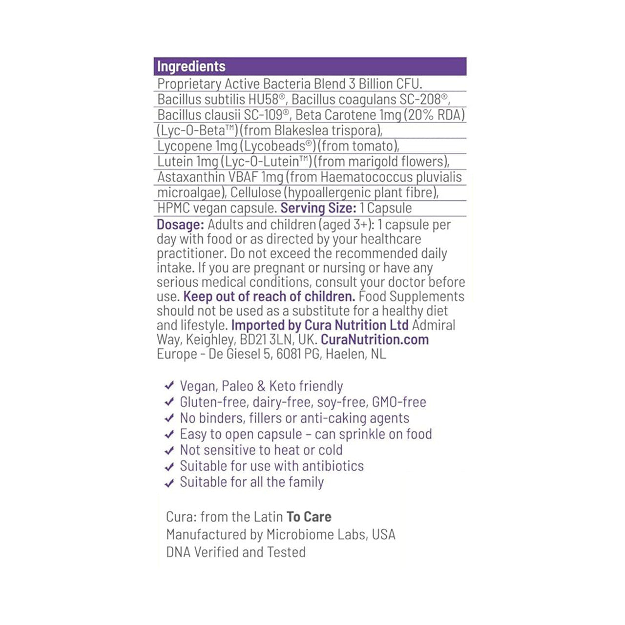 Cura Sporebiotics™ – Vegan Bacillus Spore Probiotic with Antioxidants, 30 Capsules