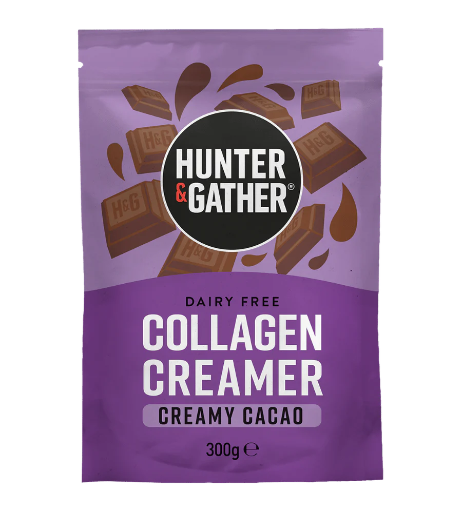 Purple package of Hunter & Gather Collagen Creamer with chocolate graphics on a white background