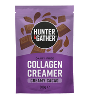 Purple package of Hunter & Gather Collagen Creamer with chocolate graphics on a white background