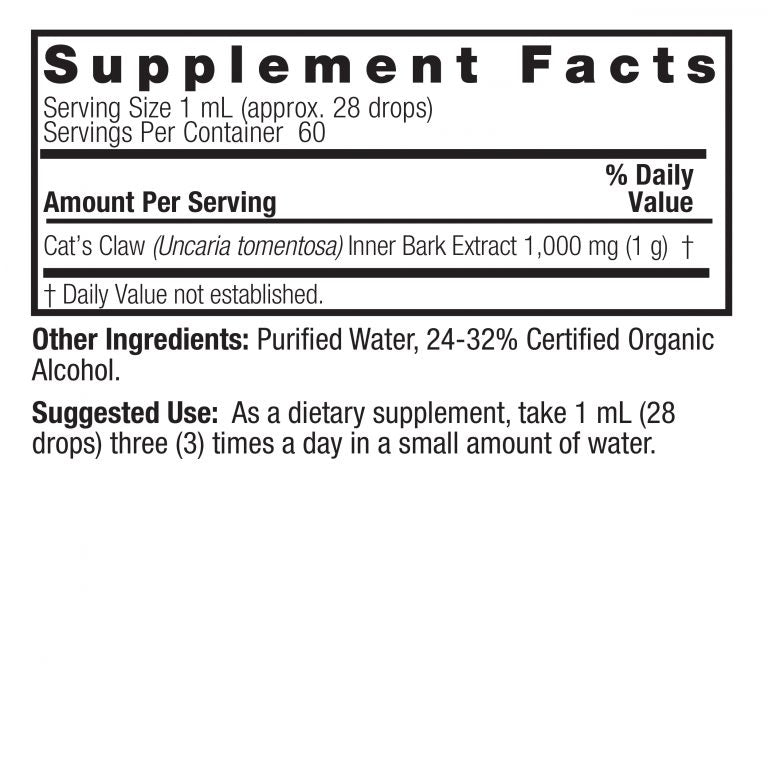 Supplement facts label for a product containing Cat's Claw extract with serving size, servings per container, and other ingredients listed.