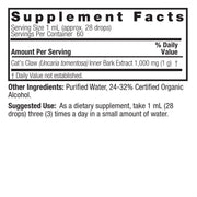 Supplement facts label for a product containing Cat's Claw extract with serving size, servings per container, and other ingredients listed.