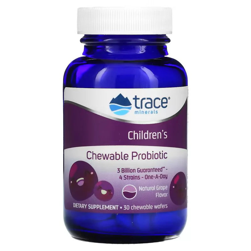 Front Image: Trace Minerals children probiotic chewable grape wafers bottle 30 count