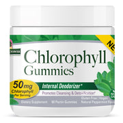 Jar of Chlorophyll Gummies with green and white label on a white background
