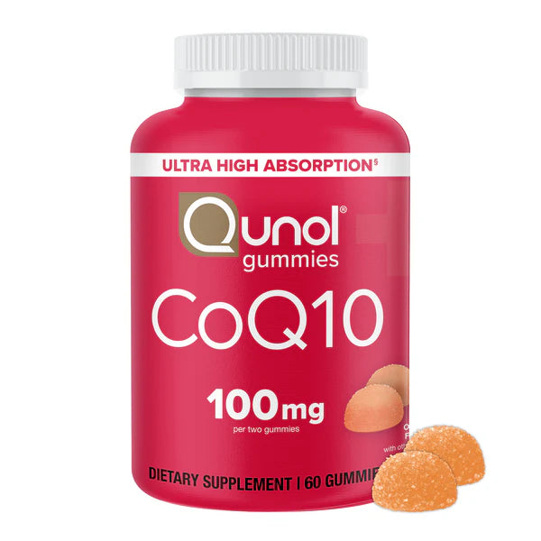 Front image: Qunol CoQ10 gummies creamy orange flavour supplement bottle 100mg 60 count