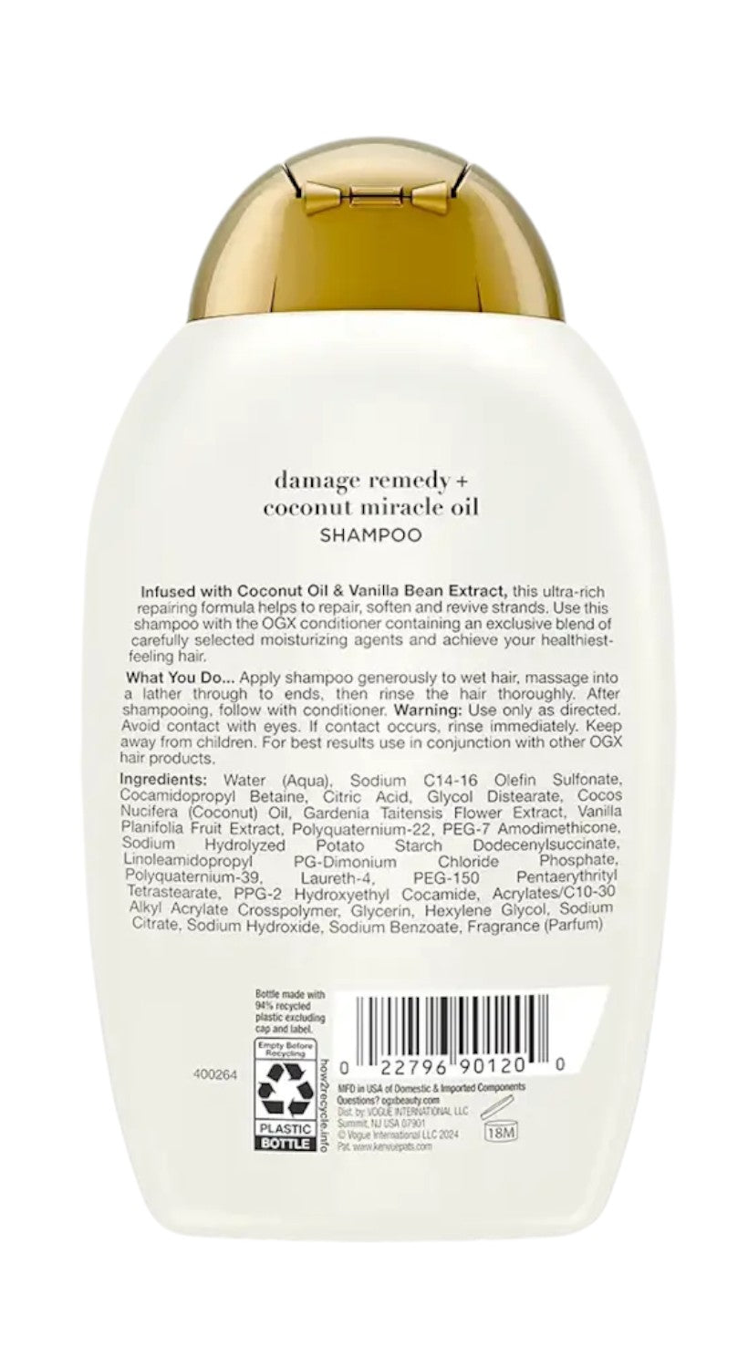 OGX coconut miracle oil shampoo ingredients & barcode.