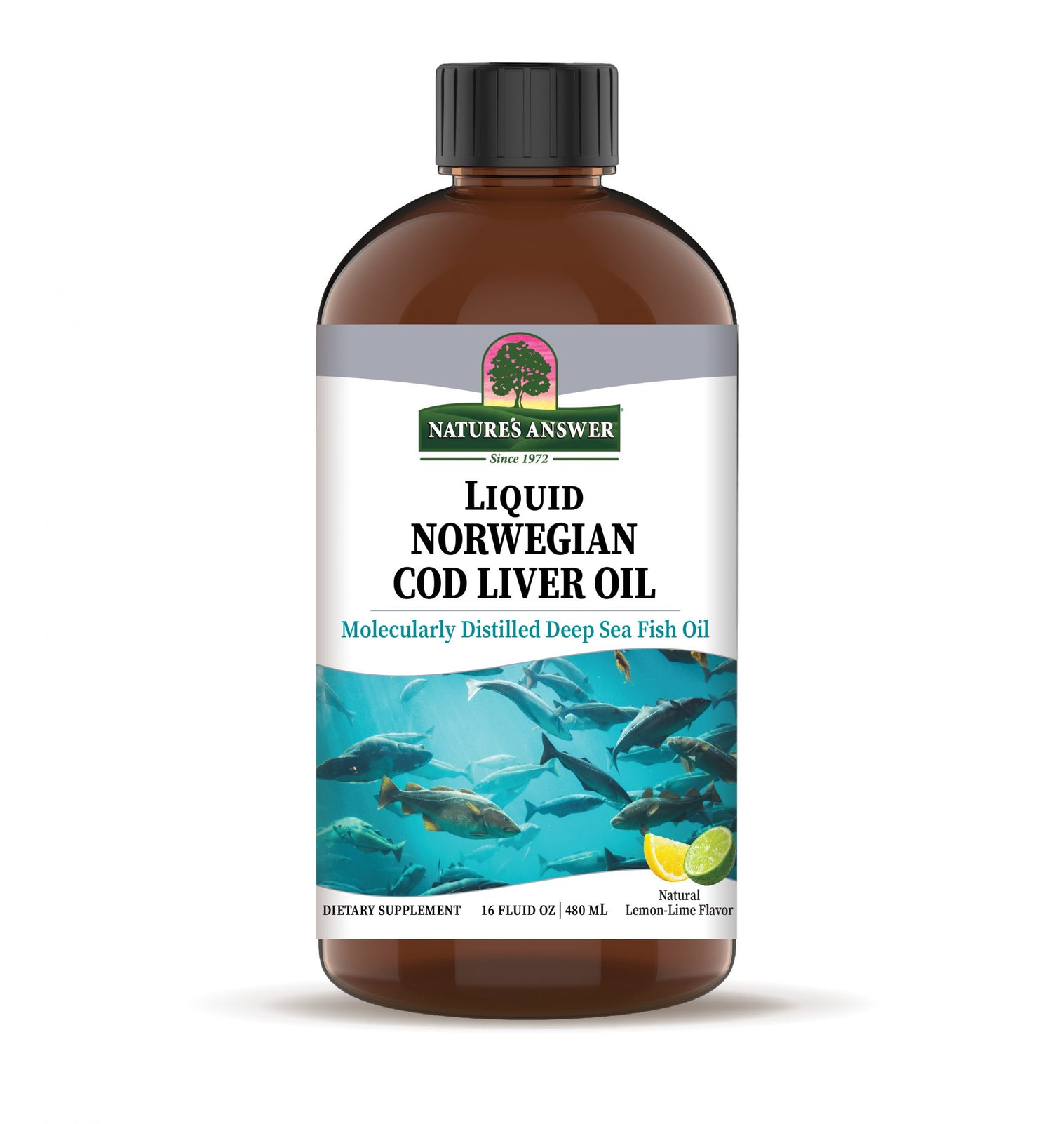 Bottle of Nature's Answer Liquid Norwegian Cod Liver Oil on a white background