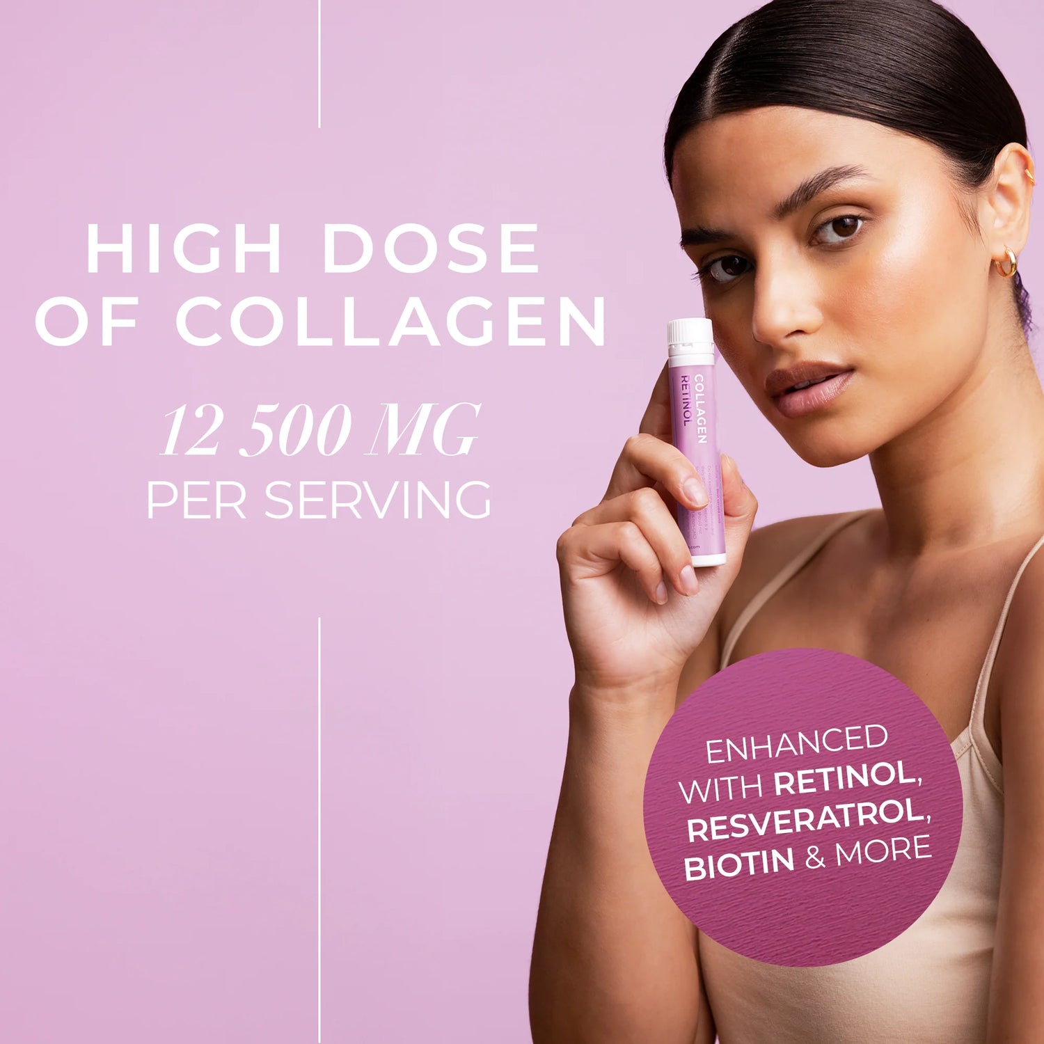 Woman holding a purple supplement bottle with text about collagen and ingredients on a pink background