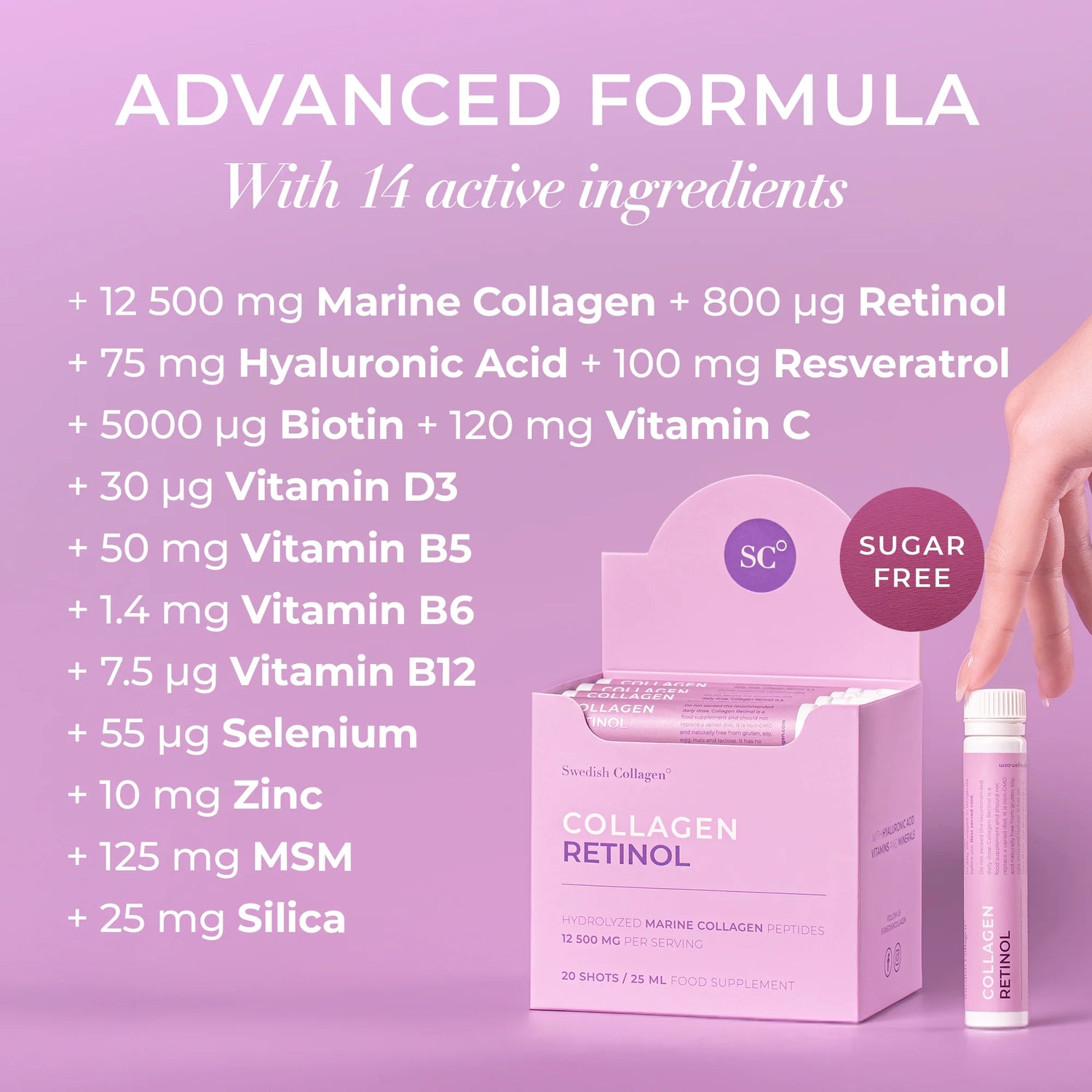 Collagen supplement packaging with ingredients listed on a purple background