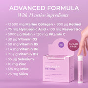 Collagen supplement packaging with ingredients listed on a purple background