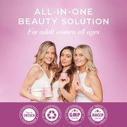 Three women holding beauty products with a pink background and certification logos at the bottom.