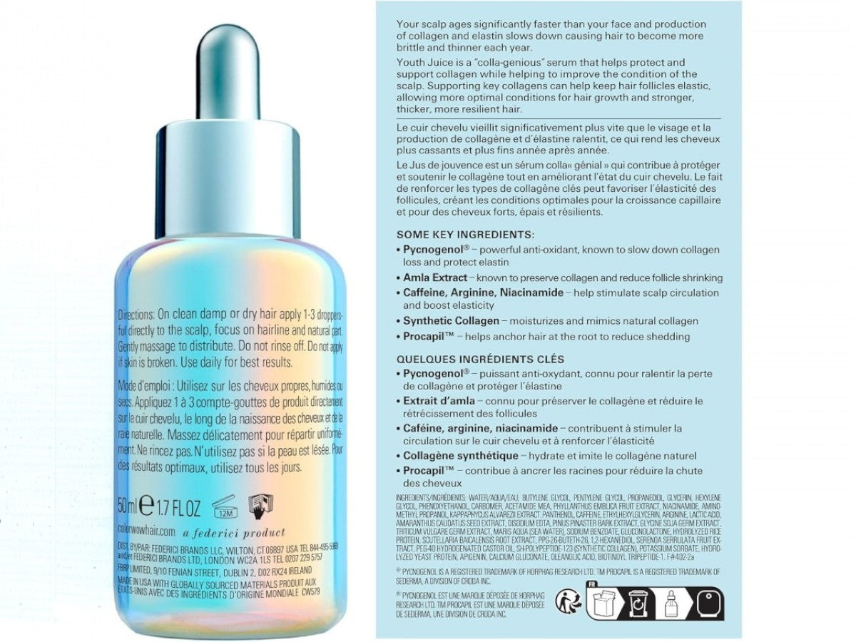 Back label of Color Wow Youth Juice showing ingredient list.