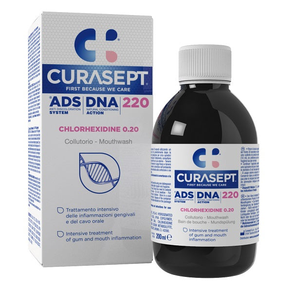 Curasept ADS 220 Oral Care System bottle & box, 200ml, 0.20% chlorhexidine.