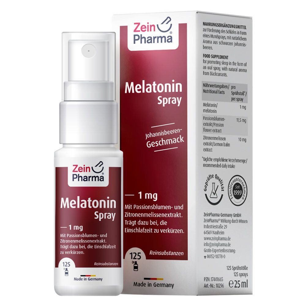 ZeinPharma melatonin oral spray 1mg blackcurrant flavour 25ml bottle & box front view
