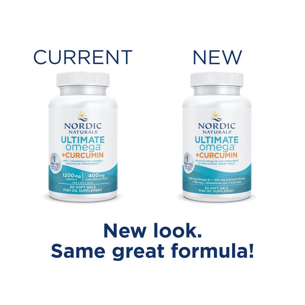 Nordic Naturals Omega Curcumin lemon soft gels bottle & box, 60 count old & new packaging.