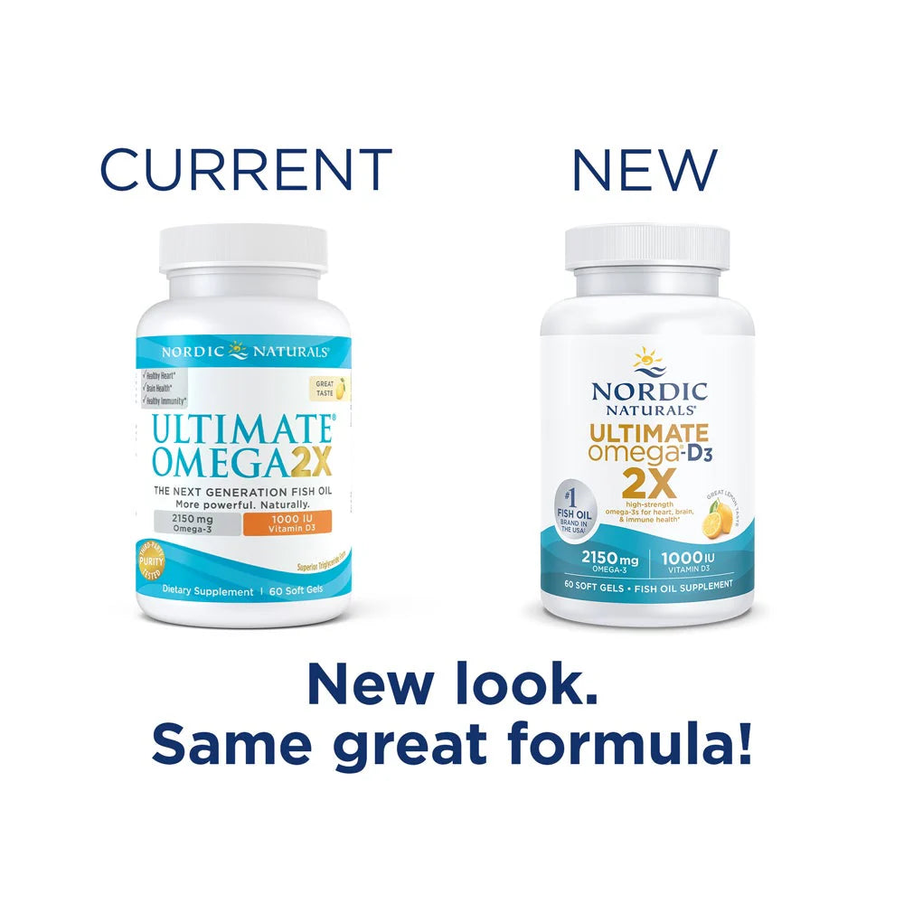 Nordic Naturals Ultimate Omega 2X with Vitamin D3 lemon flavor 60 soft gel bottle. Old & new packaging.