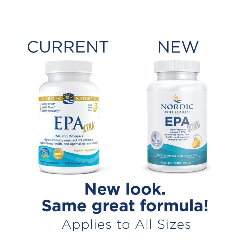 Nordic Naturals EPA Xtra lemon soft gels bottle, high EPA omega-3, 60 count old & new packaging.