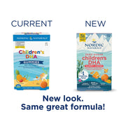 Nordic Naturals Zero Sugar Children's DHA Gummy Chews tropical punch, 30 count box. Old & new packaging.