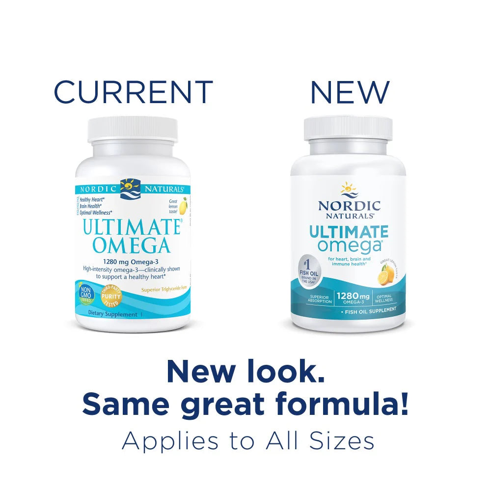 Nordic Naturals Ultimate Omega-3 Lemon - 1280mg Omega-3 Fish Oil Softgels. Old & new packaging.