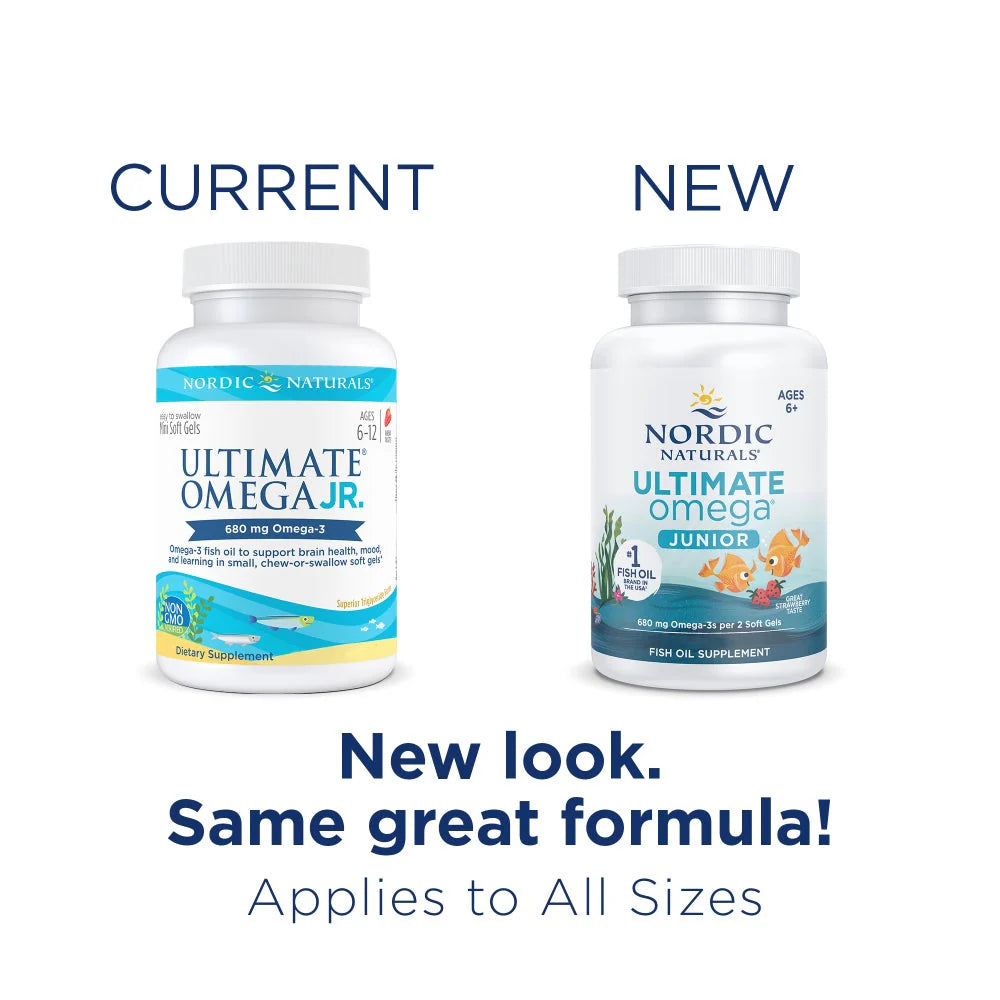 Nordic Naturals Ultimate Omega-3 Junior Strawberry Softgels bottle for kids, 90 count. Old & new packaging.