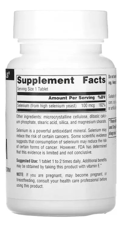 Supplement facts & ingredients image: Source Naturals Selenium 100mcg tablets ingredient panel 100 count