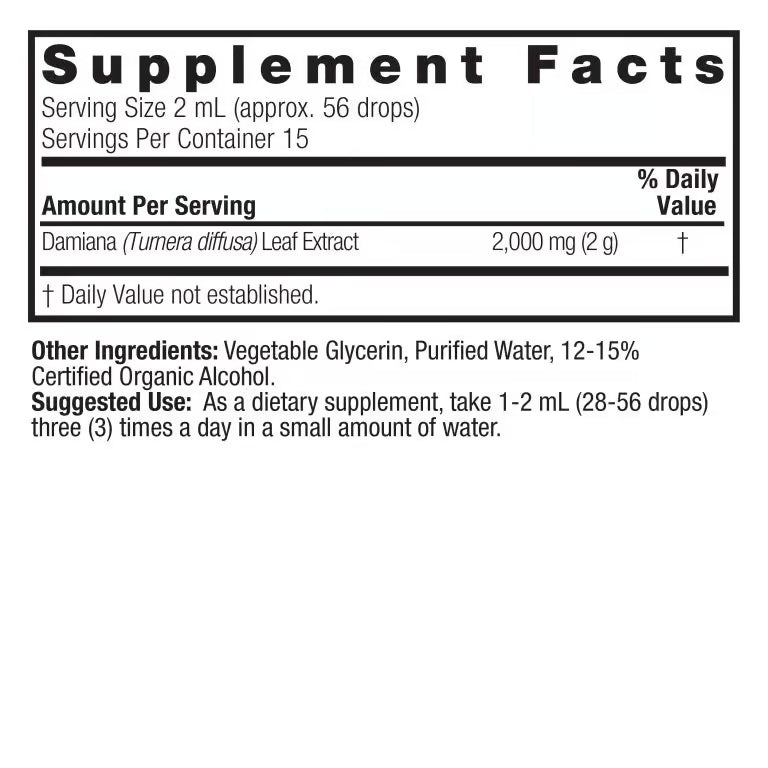 Supplement facts label for Damiana leaf extract on a white background