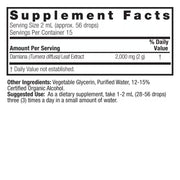 Supplement facts label for Damiana leaf extract on a white background