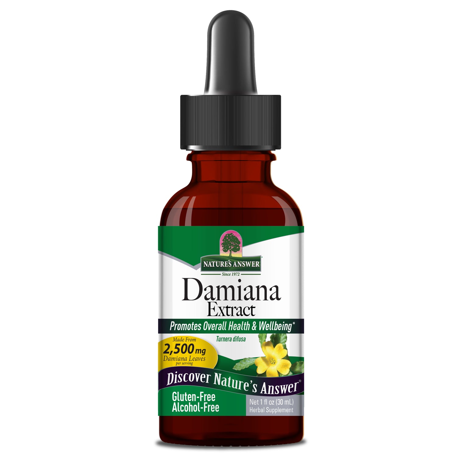 Nature’s Answer Damiana Leaf alcohol free liquid extract 2500mg 30ml bottle front view