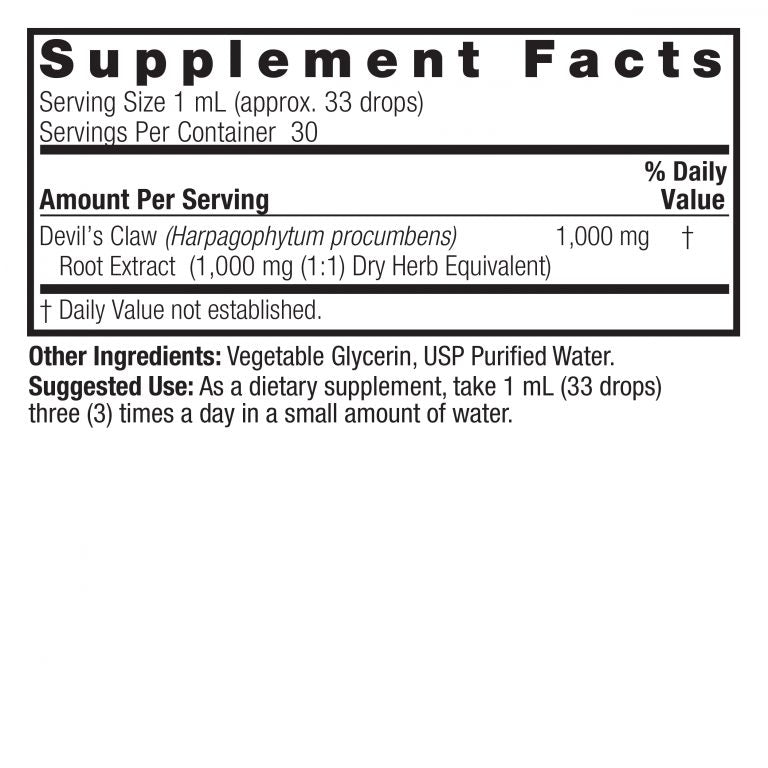 Nature’s Answer Devil’s Claw Root supplement facts alcohol free 30ml back label on a white background