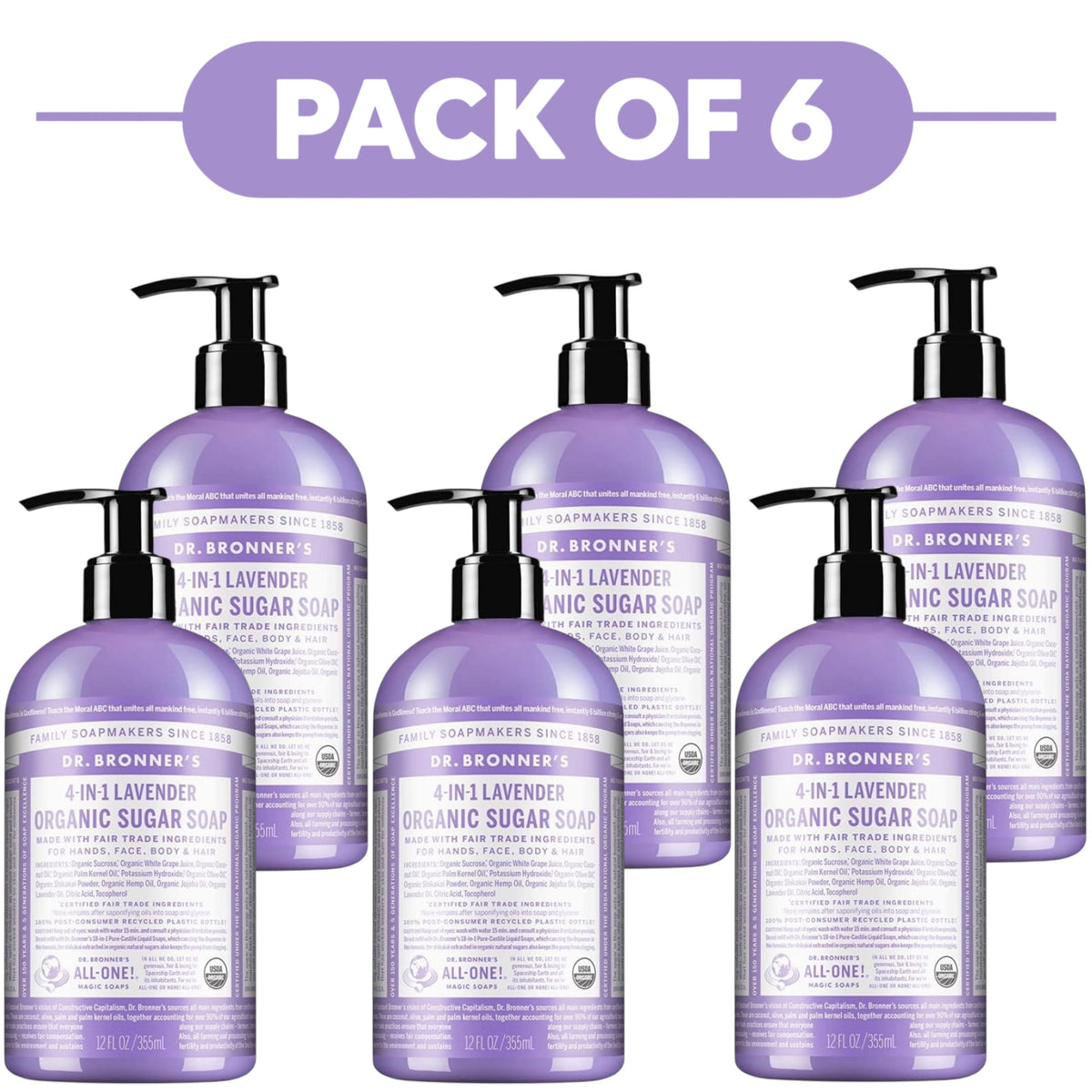 Dr. Bronner's Lavender 4-in-1 Organic Sugar Soap 355ml Pack of 6